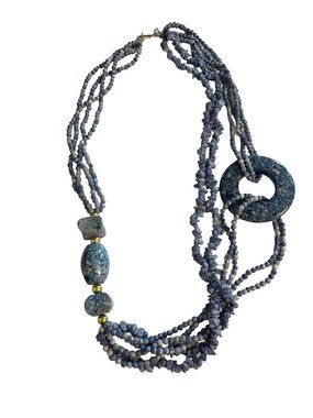 Blue Stone Multi Strand Statement Necklace 26” Chunky Beaded Toggle Pendant Boho